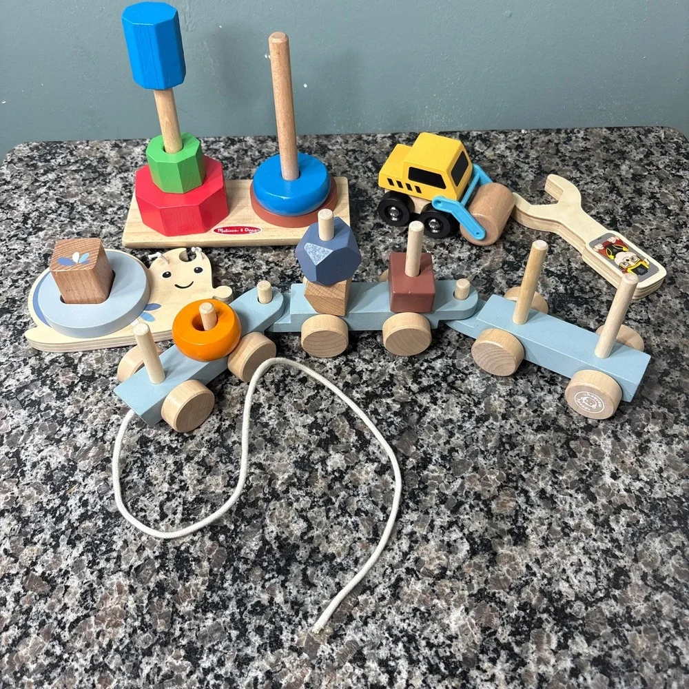 Melissa & Doug Speedy Monkey Wooden Toy Bundle Train Stacker Steamroller Snail
